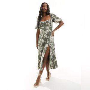 Abercrombie & Fitch Puff Sleeve Midi Dress Slit Floral Green
